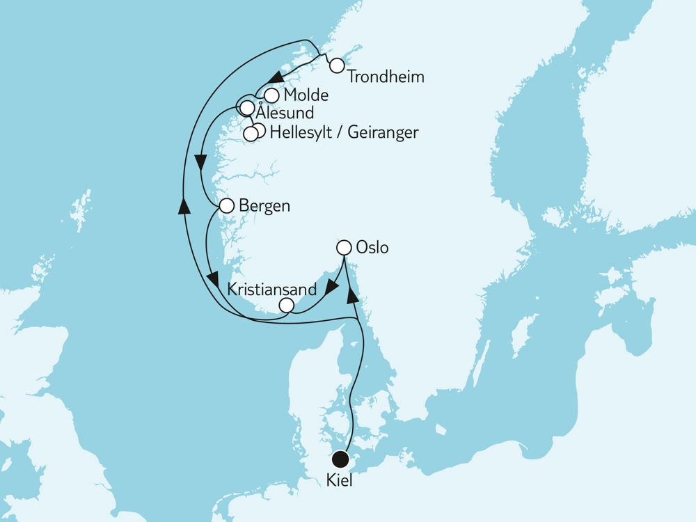 Mein Schiff 4 Angebot der Woche Norwegen mit Trondheim - Routenbild